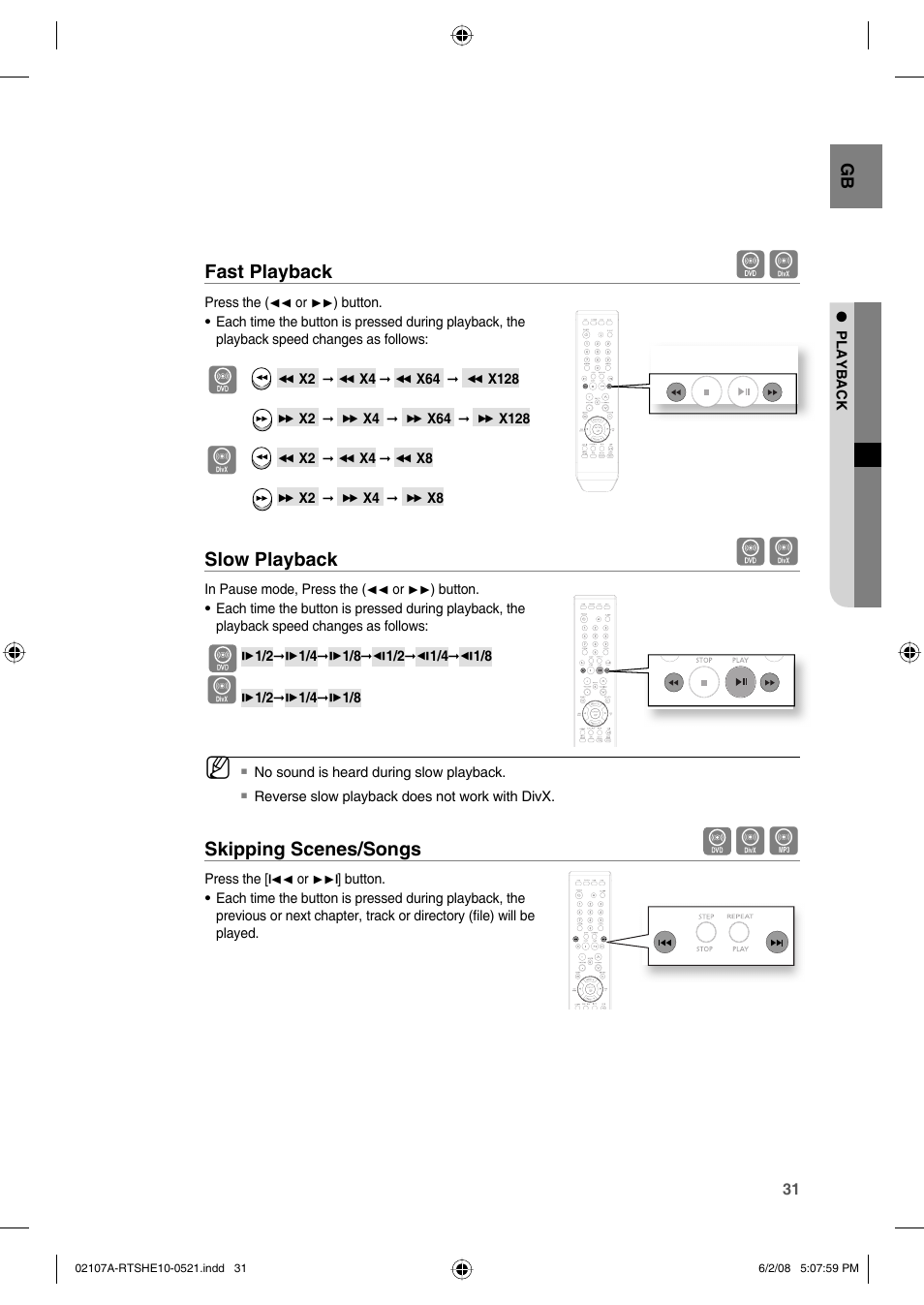 Fast playback, Slow playback, Skipping scenes/songs | Samsung HE10T User Manual | Page 31 / 54