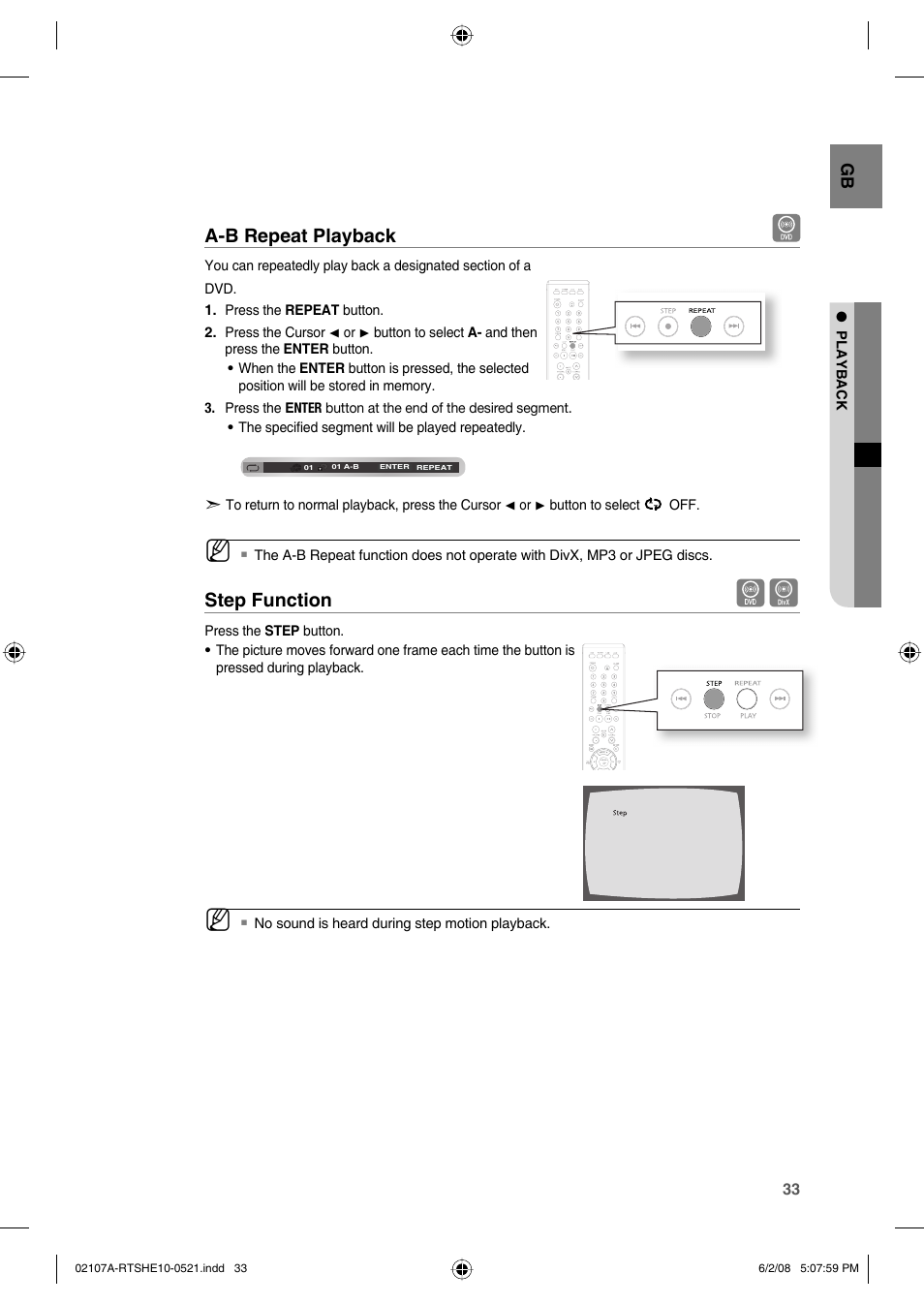A-b repeat playback, Step function | Samsung HE10T User Manual | Page 33 / 54
