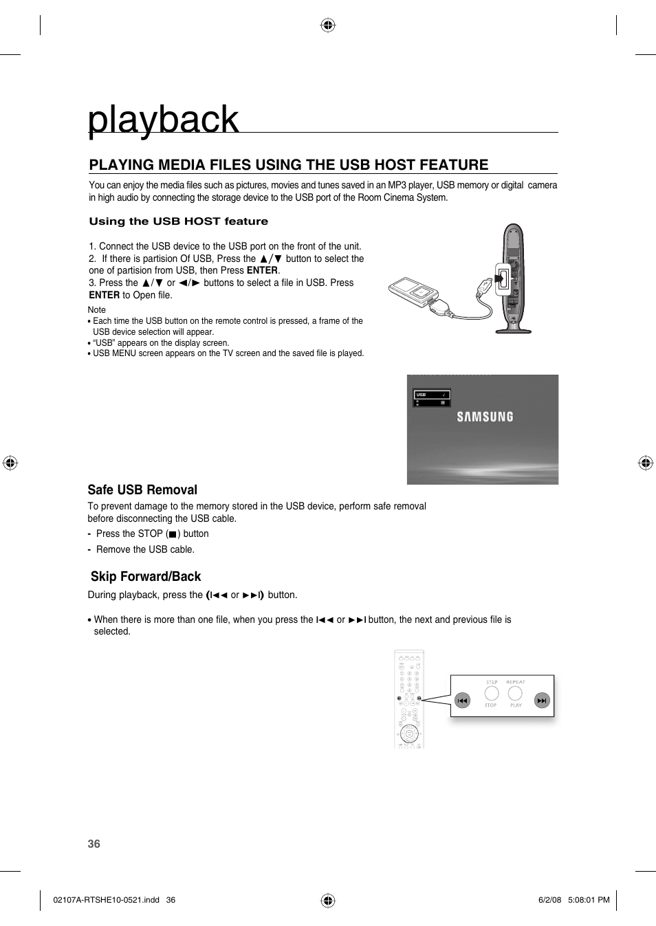 Playing media files using the usb host feature, Playback, Safe usb removal | Skip forward/back | Samsung HE10T User Manual | Page 36 / 54