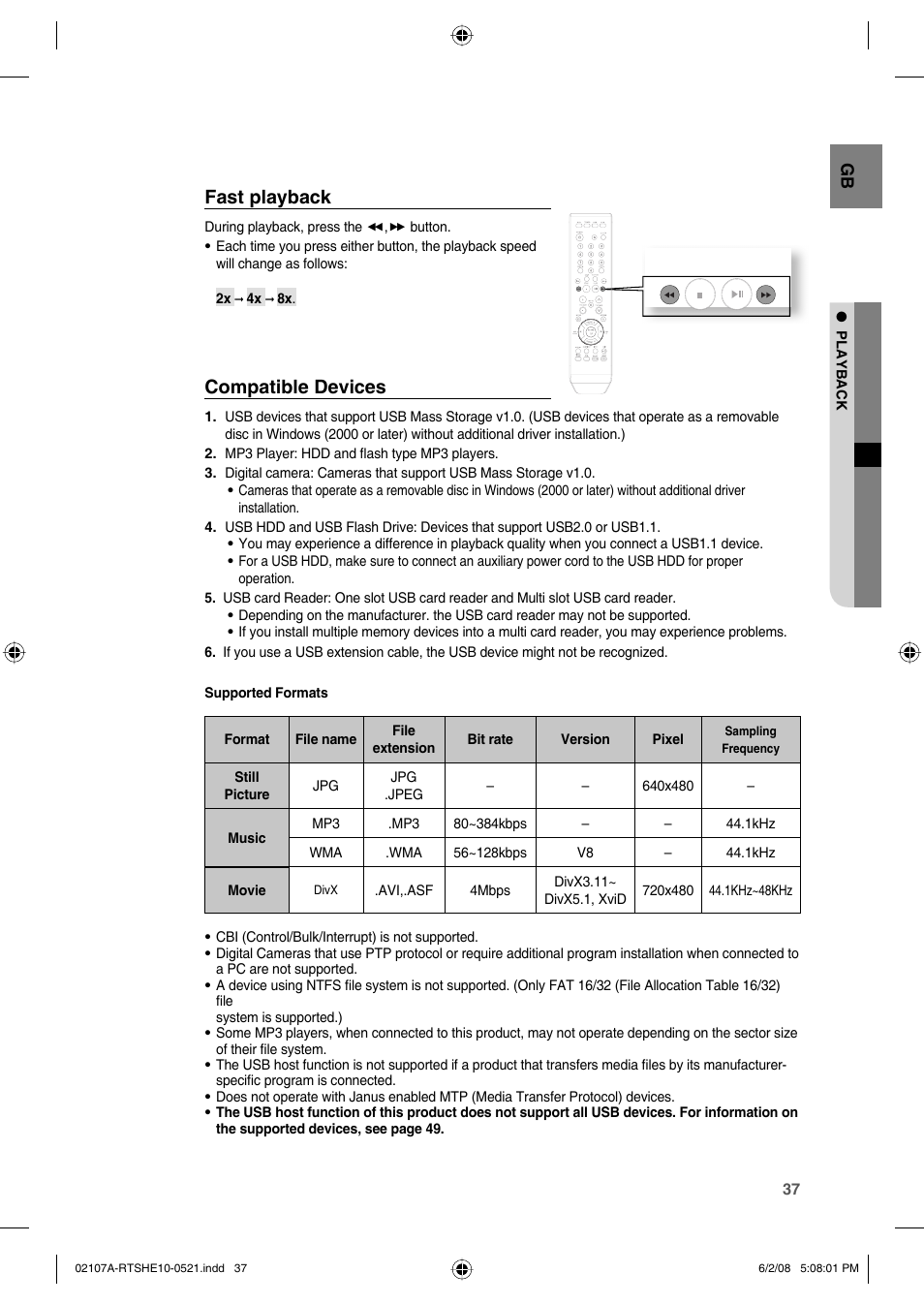 Fast playback, Compatible devices | Samsung HE10T User Manual | Page 37 / 54