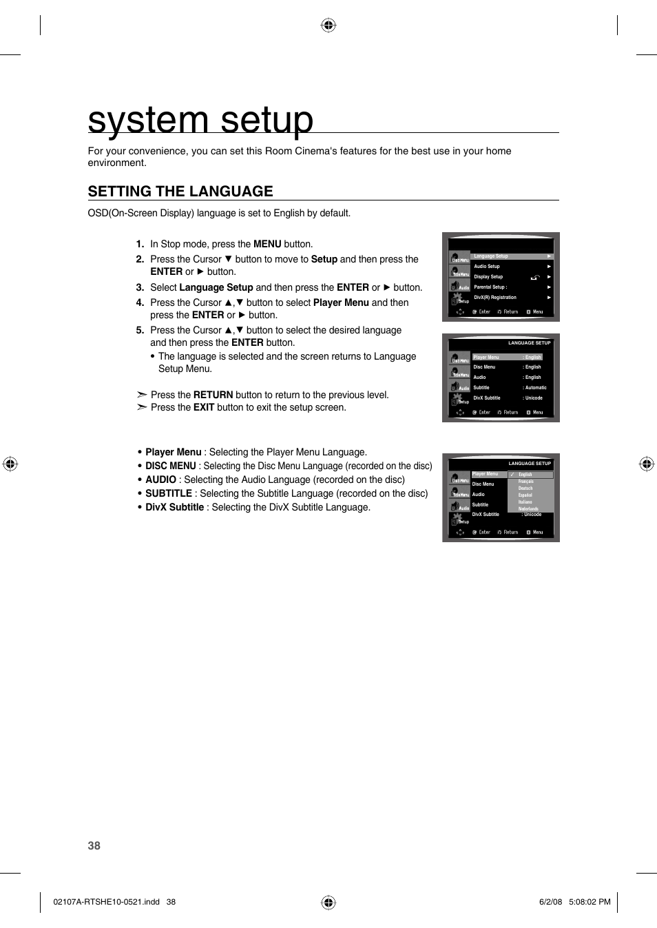 System setup, Setting the language | Samsung HE10T User Manual | Page 38 / 54