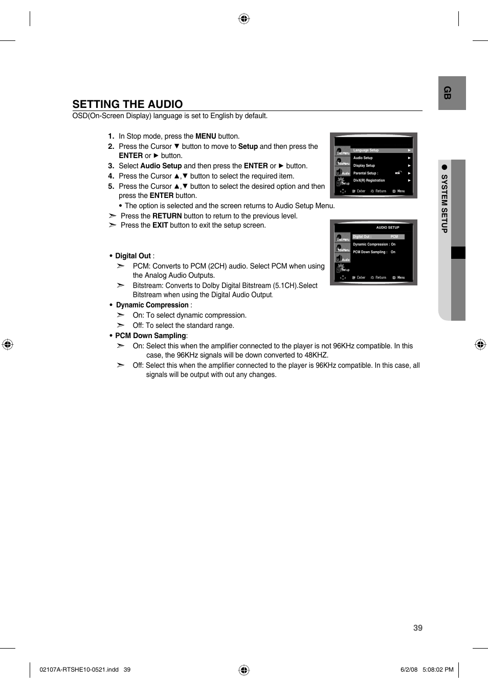 Setting the audio | Samsung HE10T User Manual | Page 39 / 54