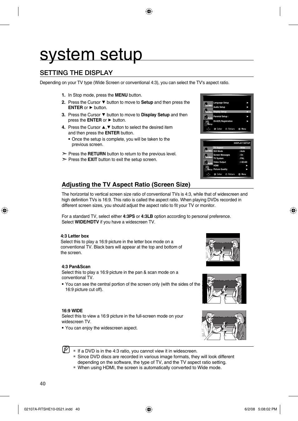 Setting the display, System setup, Adjusting the tv aspect ratio (screen size) | Samsung HE10T User Manual | Page 40 / 54