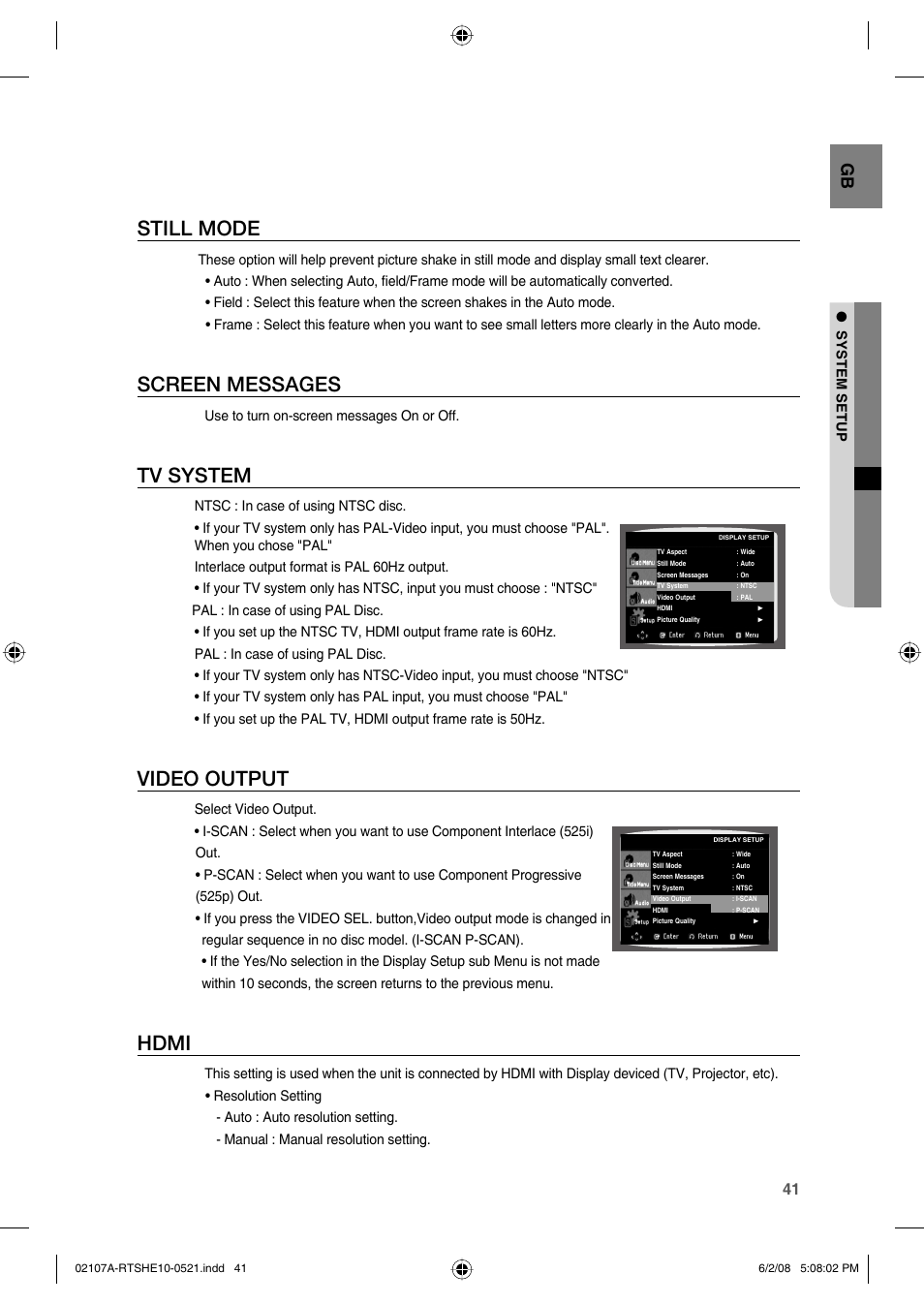 Still mode, Screen messages, Tv system | Video output, Hdmi | Samsung HE10T User Manual | Page 41 / 54