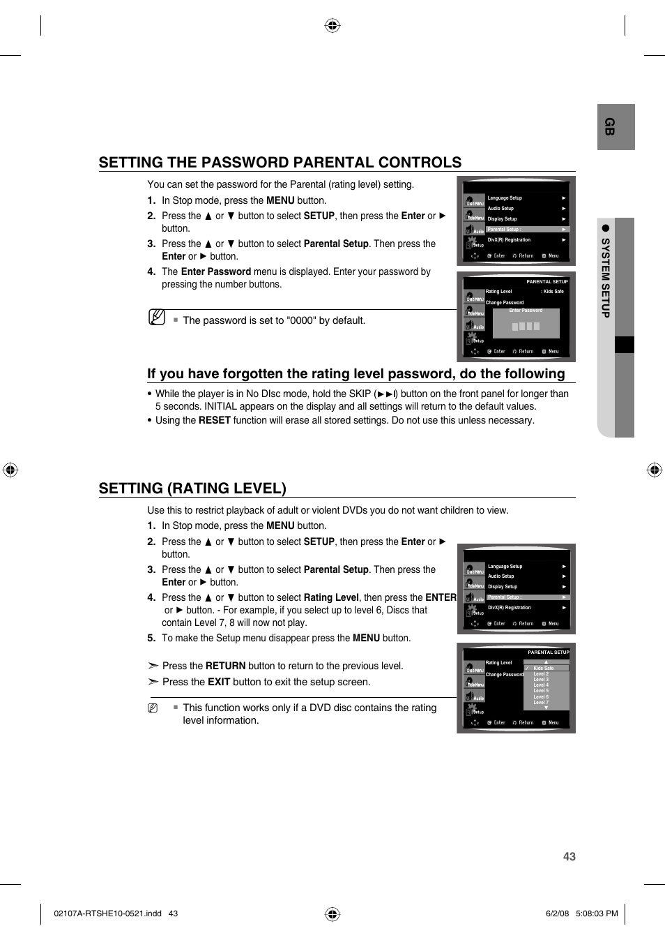 Setting the password parental controls, Setting (rating level) | Samsung HE10T User Manual | Page 43 / 54