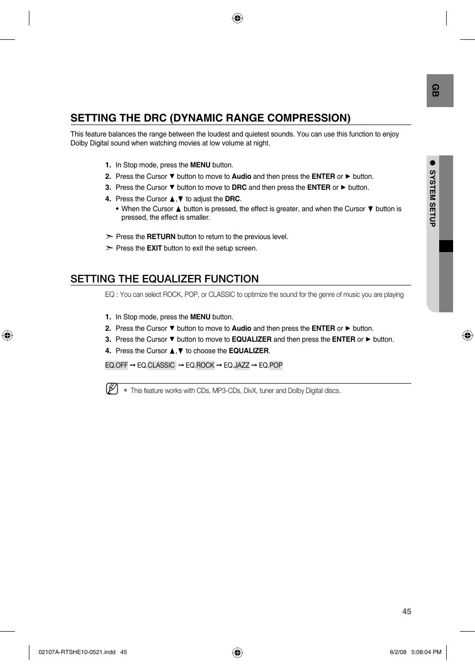 Setting the drc (dynamic range compression), Setting the equalizer function | Samsung HE10T User Manual | Page 45 / 54