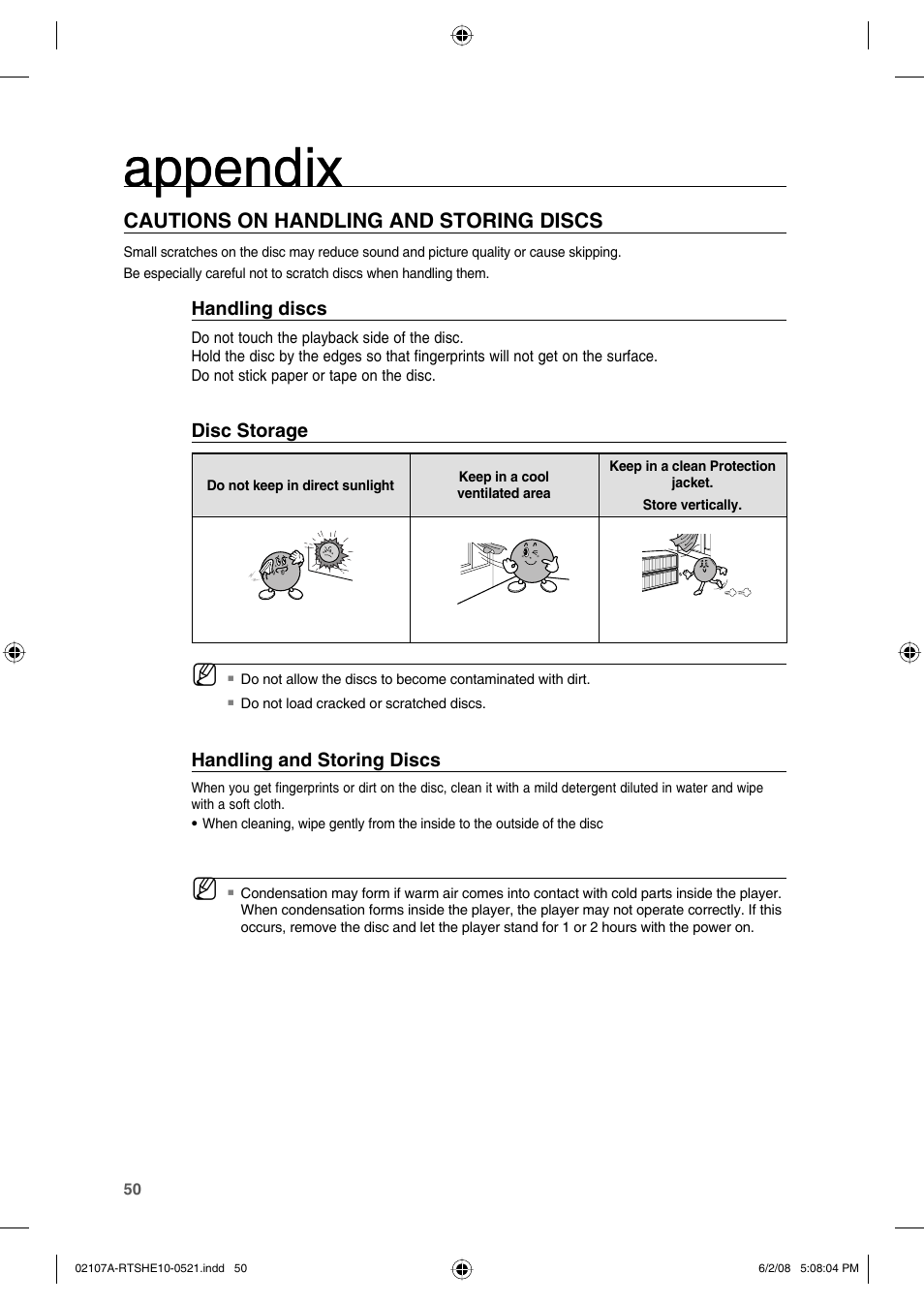 Appendix, Cautions on handling and storing discs | Samsung HE10T User Manual | Page 50 / 54