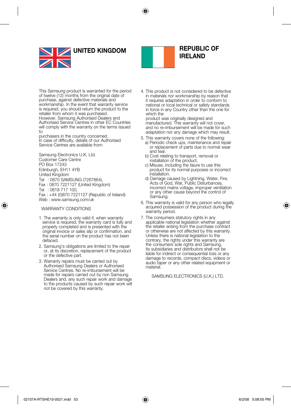 United kingdom republic of ireland | Samsung HE10T User Manual | Page 53 / 54