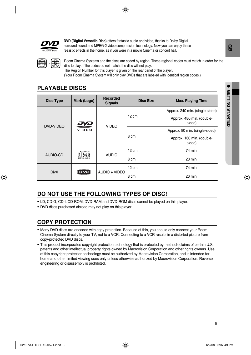 Playable discs, Do not use the following types of disc, Copy protection | Samsung HE10T User Manual | Page 9 / 54