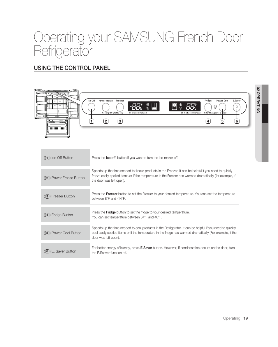 Operating your samsung french doorrefrigerator, Using the control panel, Operating your samsung french door refrigerator | Samsung RF266AB User Manual | Page 19 / 34