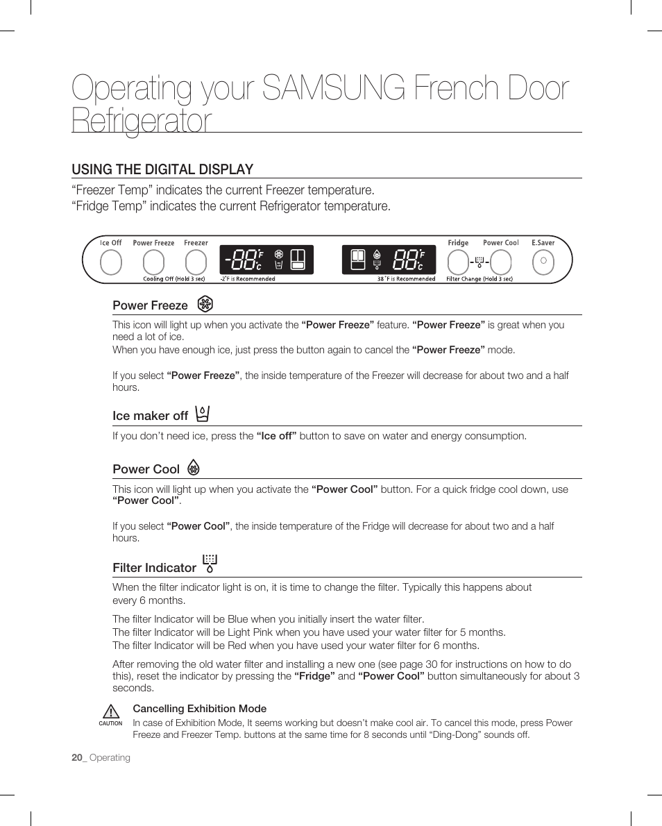 Using the digital display, Operating your samsung french door refrigerator | Samsung RF266AB User Manual | Page 20 / 34