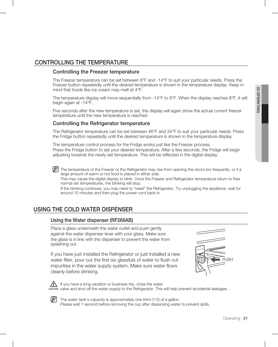 Controlling the temperature, Using the cold water dispenser, Using the water dispenser (rf266ab) | Controlling the freezer temperature, Controlling the refrigerator temperature | Samsung RF266AB User Manual | Page 21 / 34