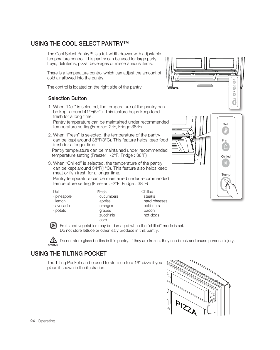 Using the cool select pantry, Using the tilting pocket, Selection button | Samsung RF266AB User Manual | Page 24 / 34