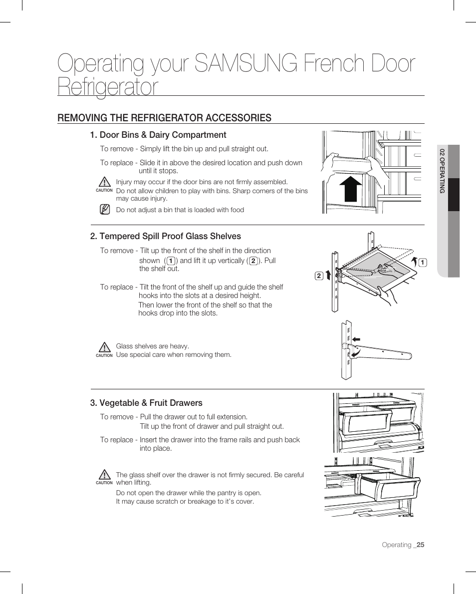 Removing the refrigerator accesories, Operating your samsung french door refrigerator, Removing the refrigerator accessories | Samsung RF266AB User Manual | Page 25 / 34