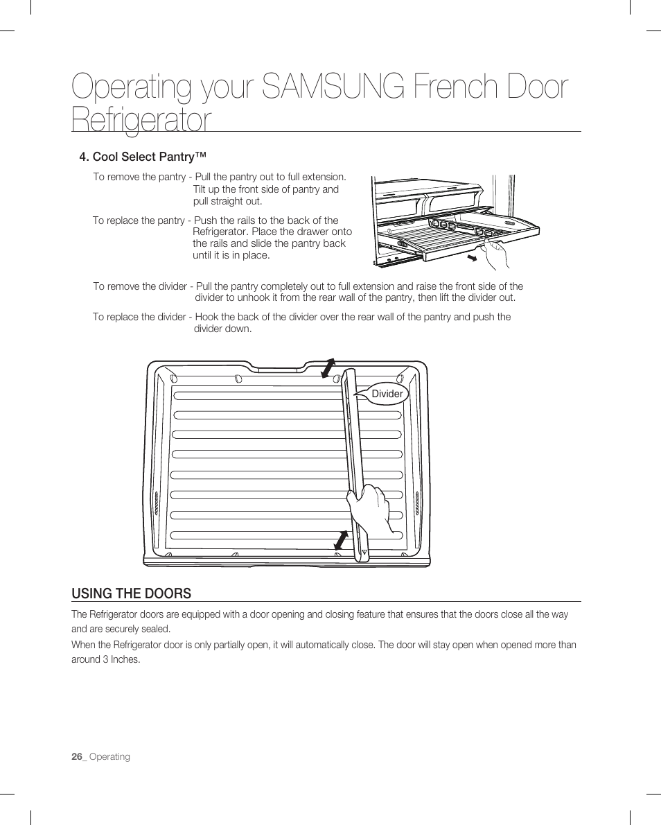 Using the doors, Operating your samsung french door refrigerator | Samsung RF266AB User Manual | Page 26 / 34