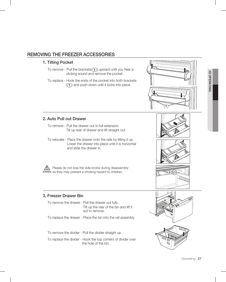 Removing the freezer accesories, Removing the freezer accessories, Tilting pocket | Auto pull out drawer, Freezer drawer bin | Samsung RF266AB User Manual | Page 27 / 34