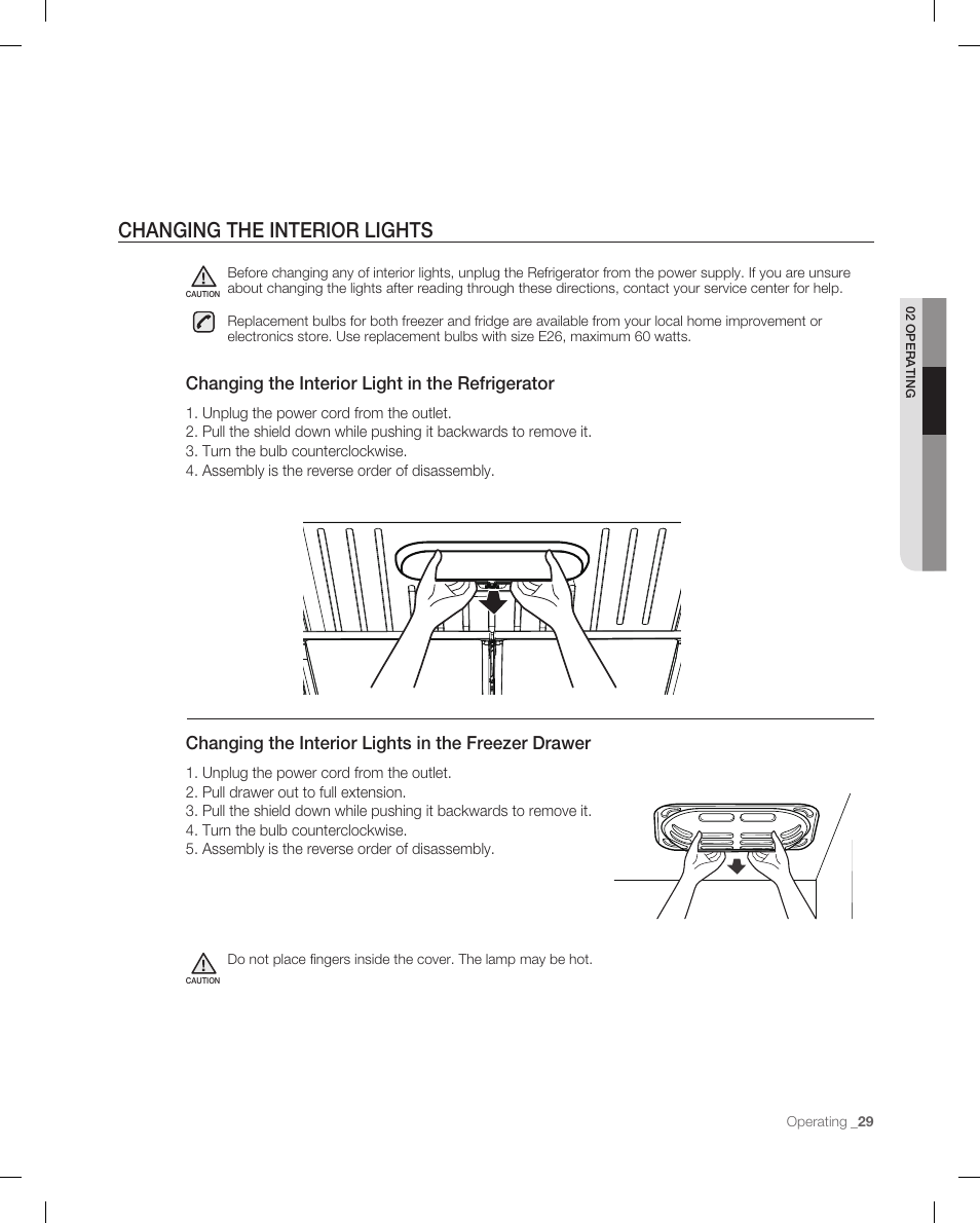 Changing the interior lights, Changing the interior light in the refrigerator, Changing the interior lights in the freezer drawer | Samsung RF266AB User Manual | Page 29 / 34