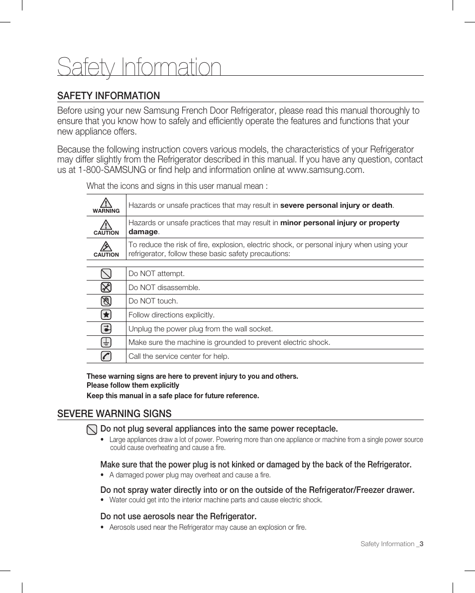 Safety information, Severe warning signs | Samsung RF266AB User Manual | Page 3 / 34