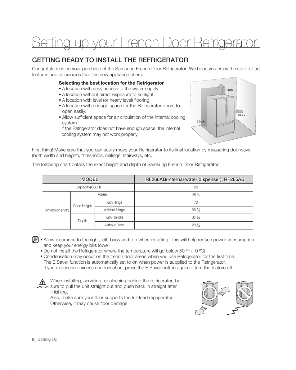 Setting up your french door refrigerator, Getting ready to install the refrigerator | Samsung RF266AB User Manual | Page 8 / 34