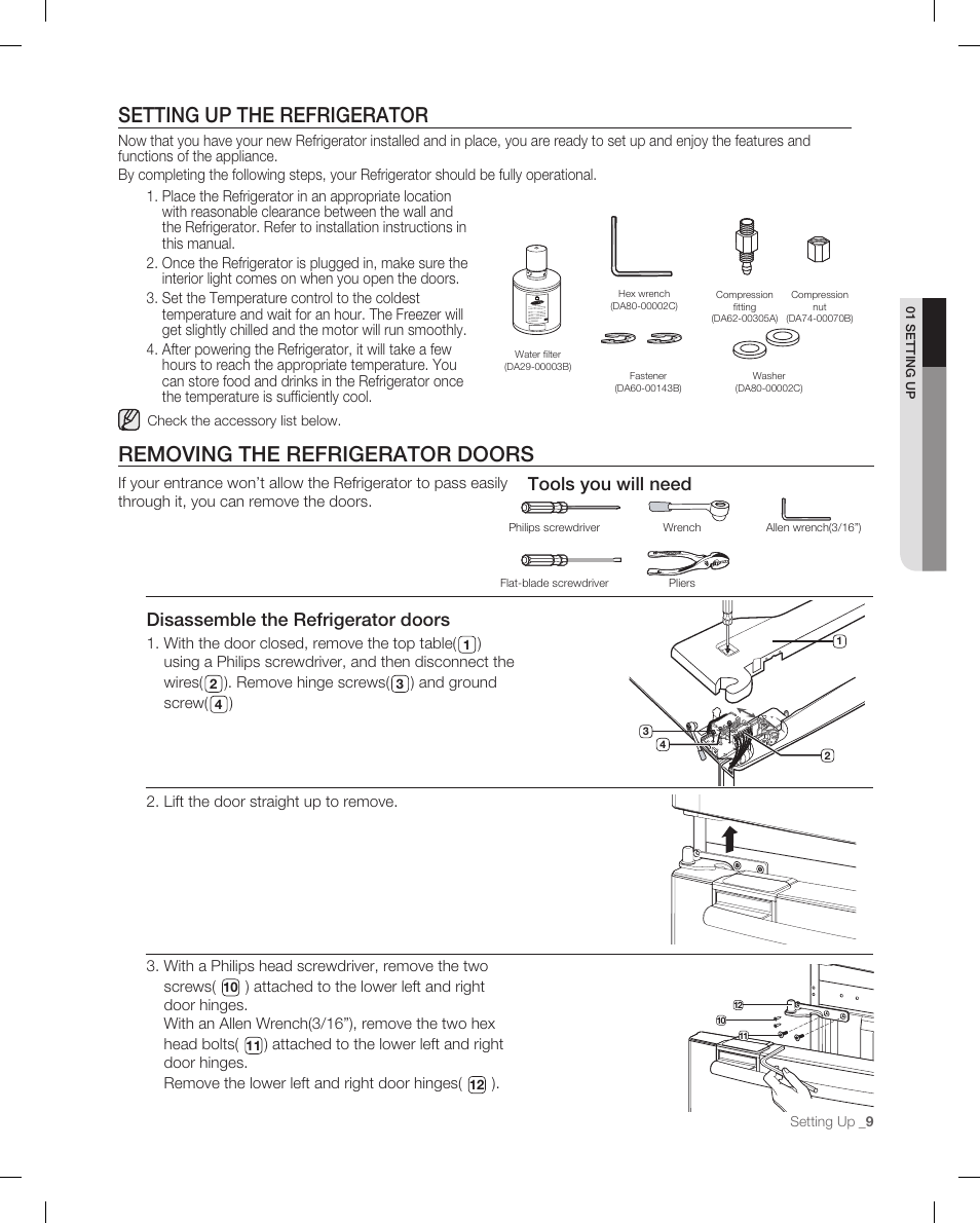 Seting up the refrigerator, Removing the refrigerator doros, Setting up the refrigerator | Removing the refrigerator doors, Disassemble the refrigerator doors, Tools you will need | Samsung RF266AB User Manual | Page 9 / 34