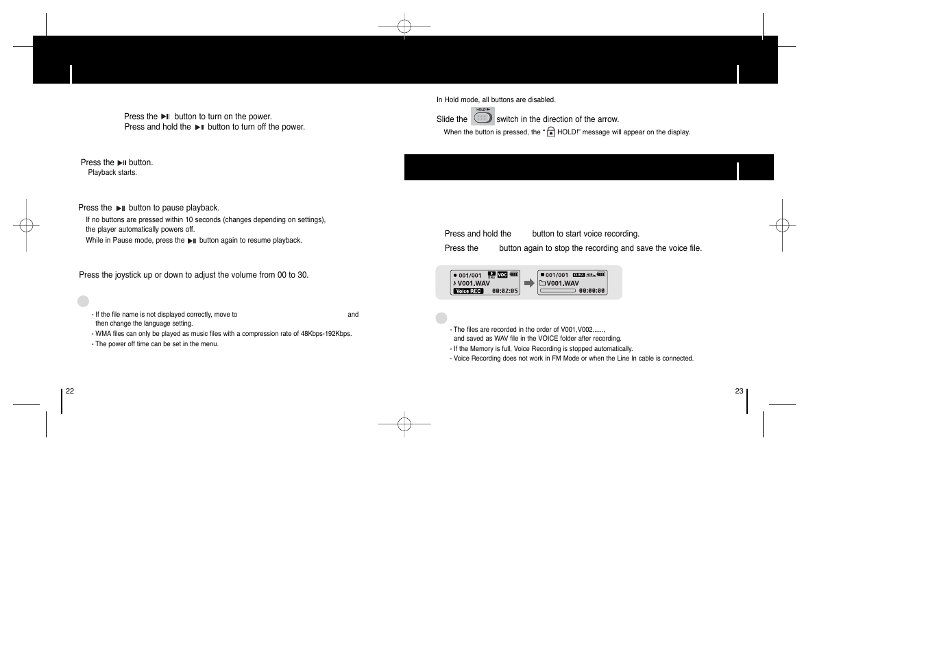 Basic usage, Playing music and turning off the device, Hold function | Recording voice | Samsung YEPP YP-T6X User Manual | Page 11 / 25