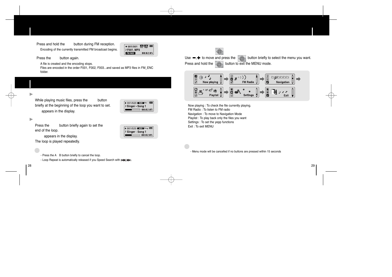 Additional usage, Loop repeating, Menu options | Fm encoding | Samsung YEPP YP-T6X User Manual | Page 14 / 25