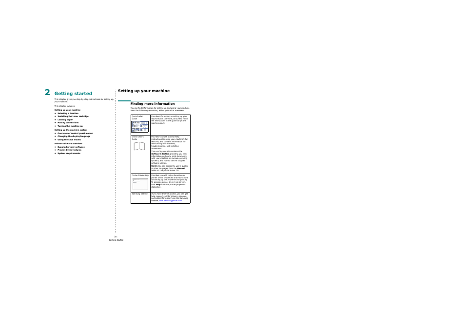 Getting started, Setting up your machine, Finding more information | Samsung SCX-4200 User Manual | Page 13 / 92