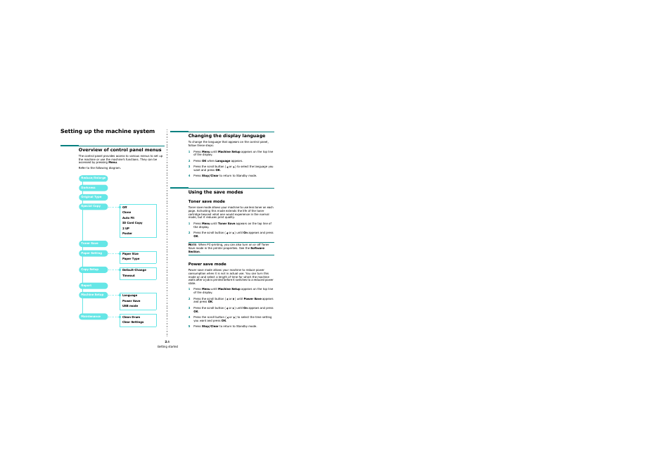 Setting up the machine system, Overview of control panel menus, Changing the display language | Using the save modes, Toner save mode, Power save mode | Samsung SCX-4200 User Manual | Page 18 / 92