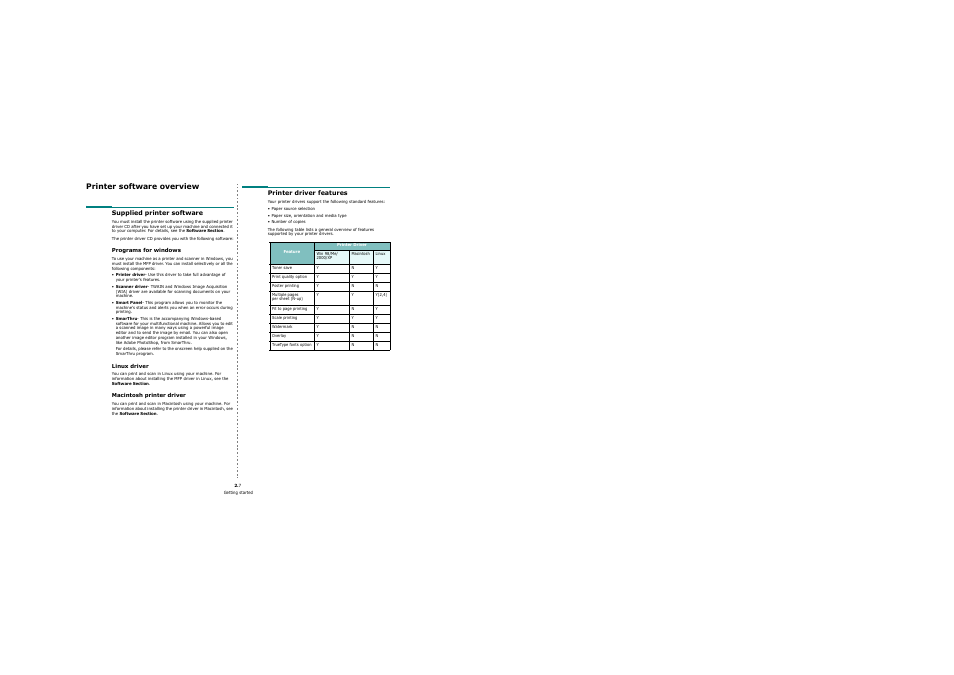 Printer software overview, Supplied printer software, Programs for windows | Linux driver, Macintosh printer driver, Printer driver features, Supplied printer software printer driver features | Samsung SCX-4200 User Manual | Page 19 / 92