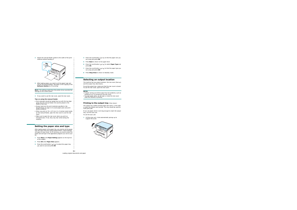Setting the paper size and type, Selecting an output location, Printing to the output tray (face down) | Samsung SCX-4200 User Manual | Page 26 / 92