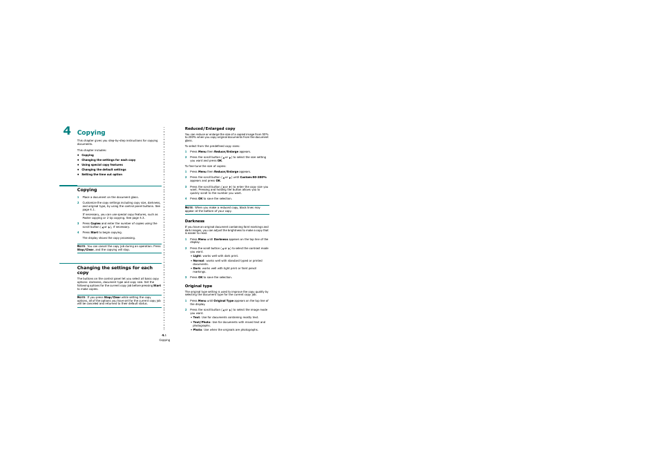 Copying, Changing the settings for each copy, Reduced/enlarged copy | Darkness, Original type, Copying changing the settings for each copy | Samsung SCX-4200 User Manual | Page 28 / 92