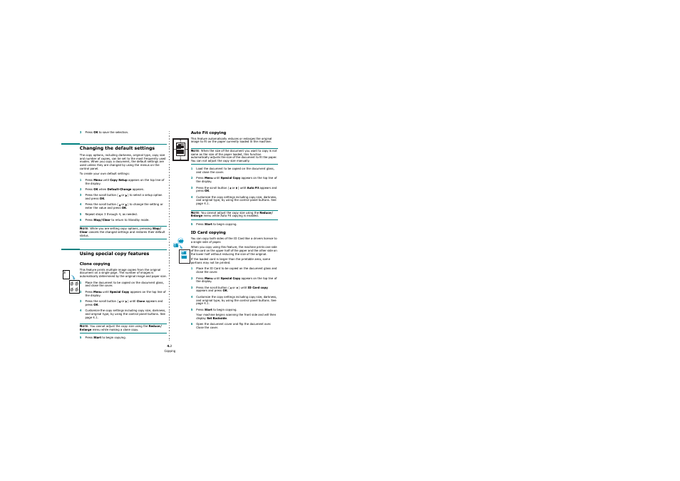 Changing the default settings, Using special copy features, Clone copying | Auto fit copying, Id card copying | Samsung SCX-4200 User Manual | Page 29 / 92