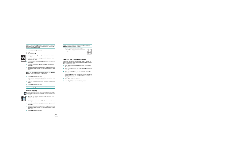 Up copying, Poster copying, Setting the time out option | Samsung SCX-4200 User Manual | Page 30 / 92