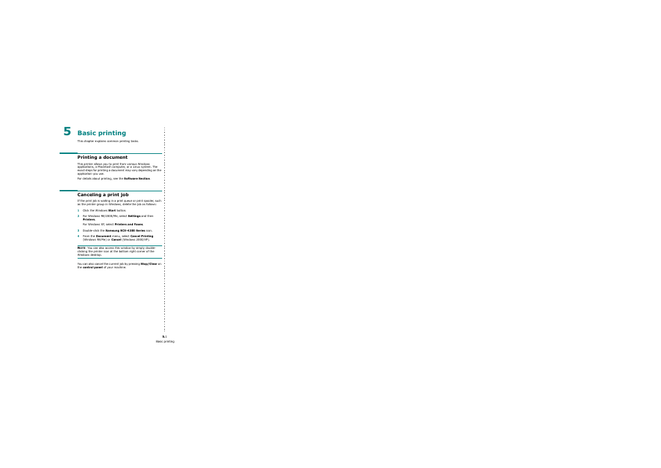 Basic printing, Printing a document, Canceling a print job | Printing a document canceling a print job | Samsung SCX-4200 User Manual | Page 31 / 92