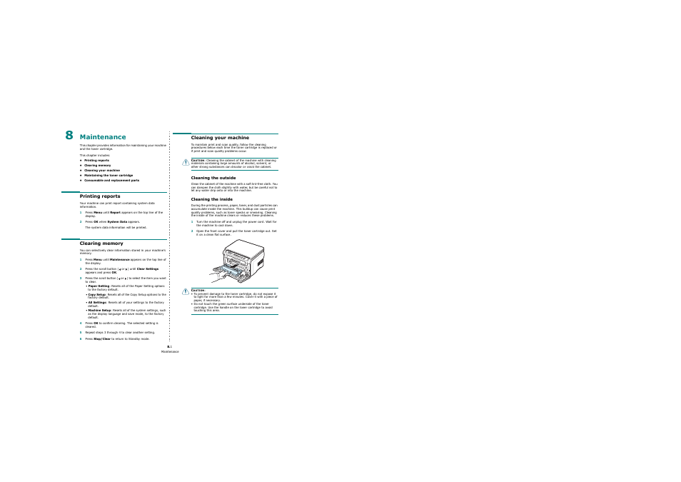 Maintenance, Printing reports, Clearing memory | Cleaning your machine, Cleaning the outside, Cleaning the inside | Samsung SCX-4200 User Manual | Page 34 / 92