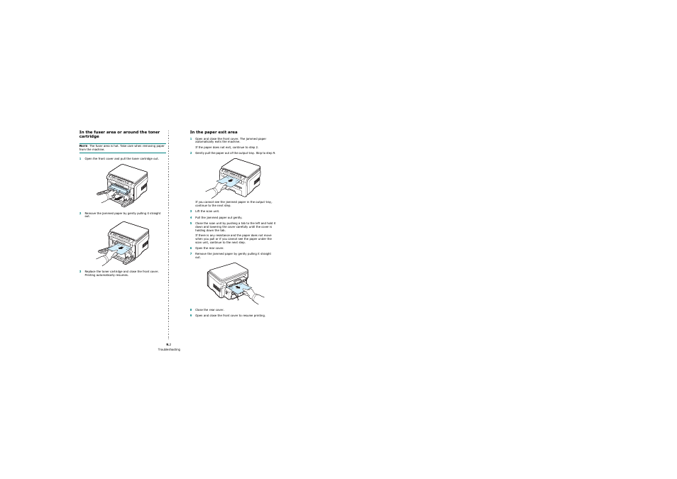 In the fuser area or around the toner cartridge, In the paper exit area | Samsung SCX-4200 User Manual | Page 39 / 92