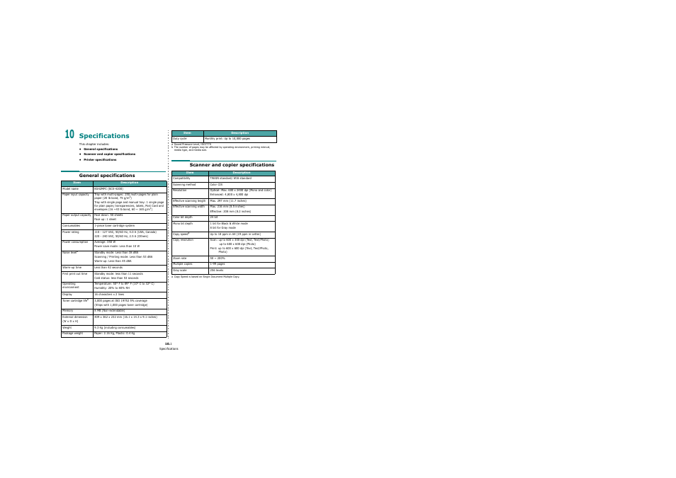 Specifications, General specifications, Scanner and copier specifications | Samsung SCX-4200 User Manual | Page 50 / 92