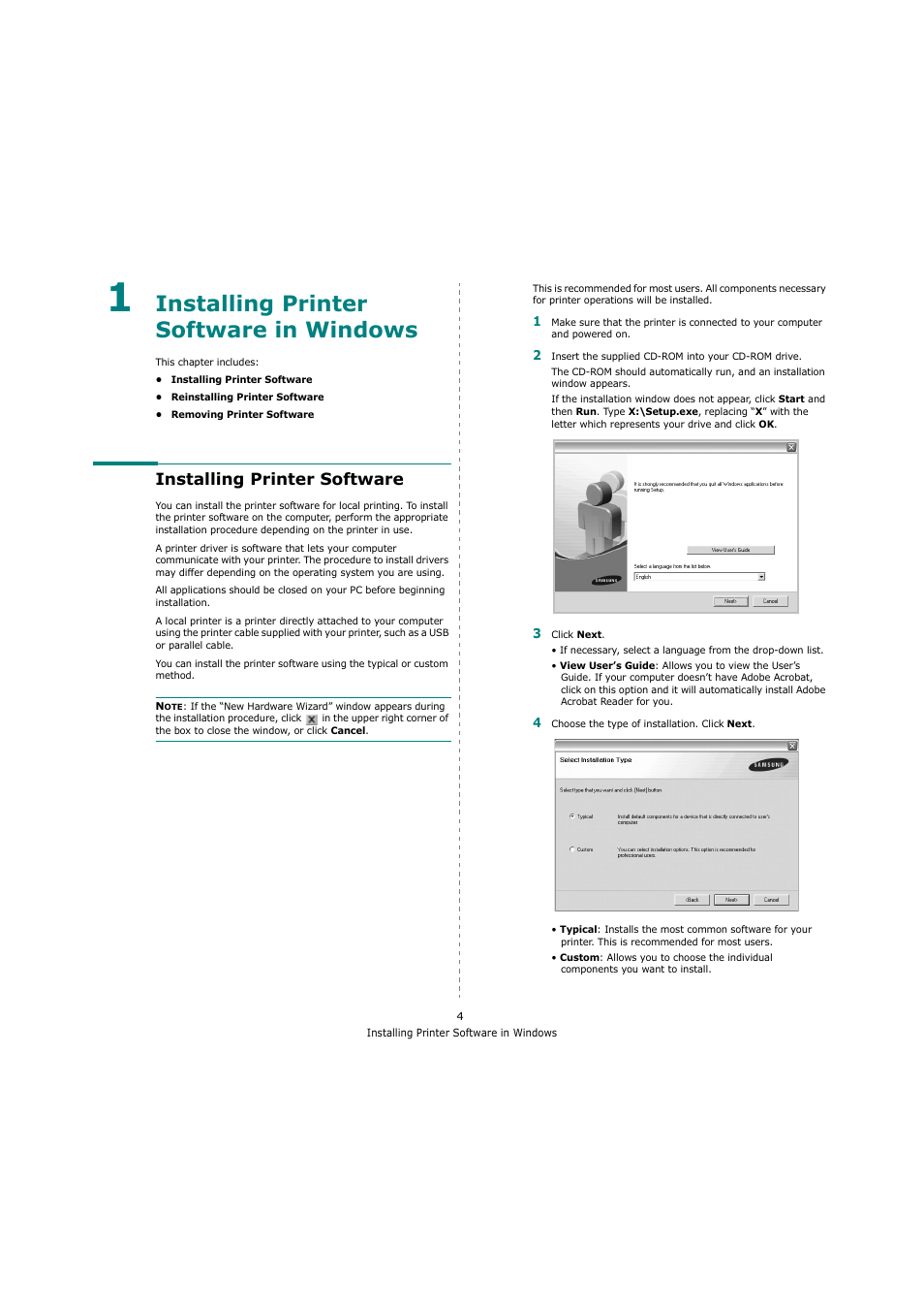 Installing printer software in windows, Installing printer software, Chapter 1 | Samsung SCX-4200 User Manual | Page 58 / 92