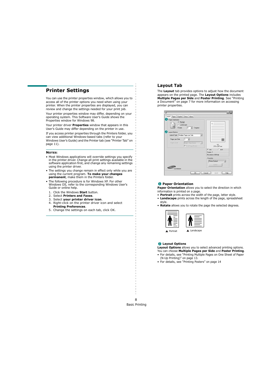 Printer settings, Layout tab | Samsung SCX-4200 User Manual | Page 62 / 92