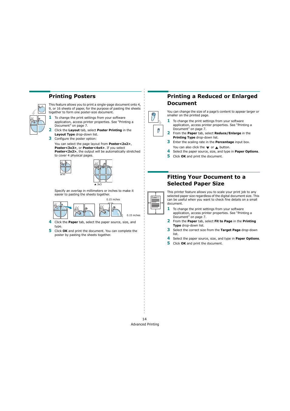 Printing posters, Printing a reduced or enlarged document, Fitting your document to a selected paper size | Printing a reduced or enlarged document” on, Fitting your document to a selected paper | Samsung SCX-4200 User Manual | Page 68 / 92