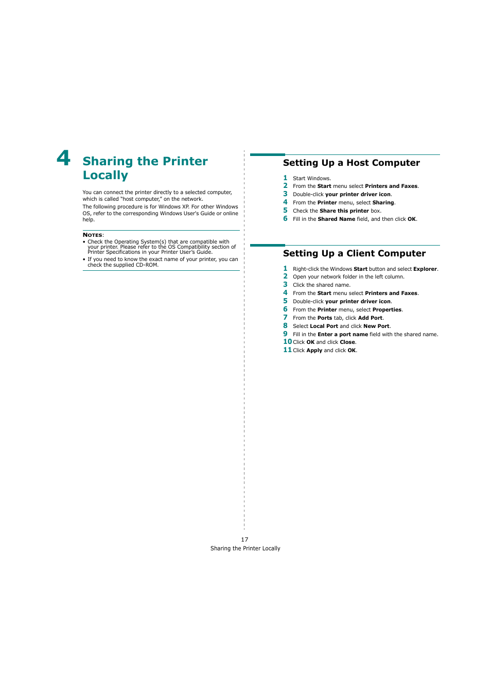 Sharing the printer locally, Setting up a host computer, Setting up a client computer | Chapter 4 | Samsung SCX-4200 User Manual | Page 71 / 92