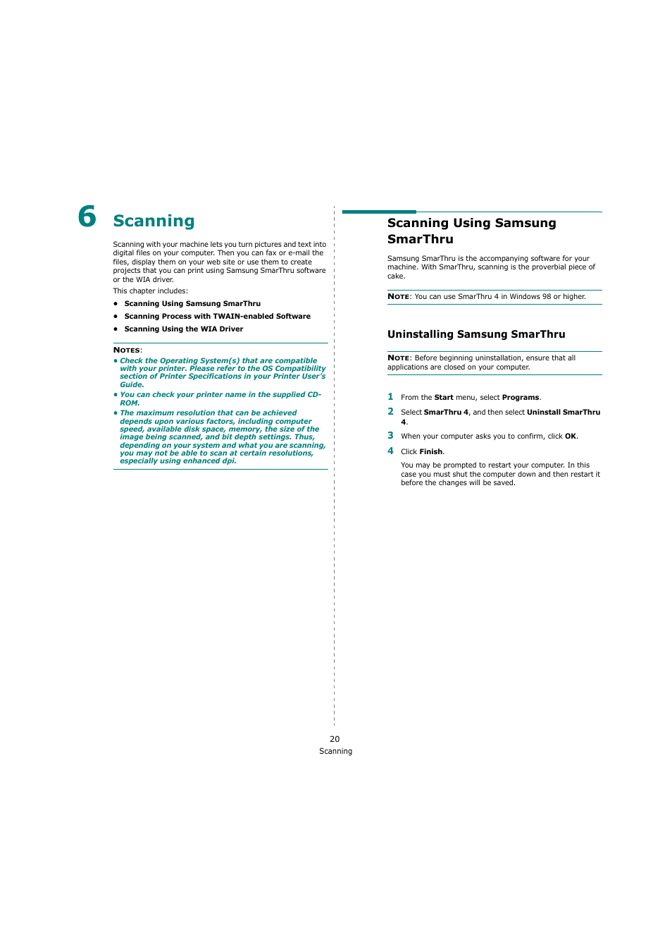 Scanning, Scanning using samsung smarthru, Uninstalling samsung smarthru | Chapter 6 | Samsung SCX-4200 User Manual | Page 74 / 92