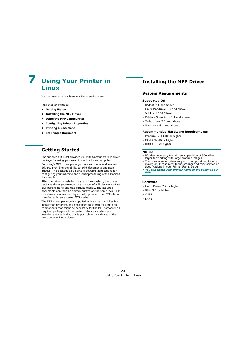 Using your printer in linux, Getting started, Installing the mfp driver | System requirements, Chapter 7, Getting started installing the mfp driver | Samsung SCX-4200 User Manual | Page 77 / 92