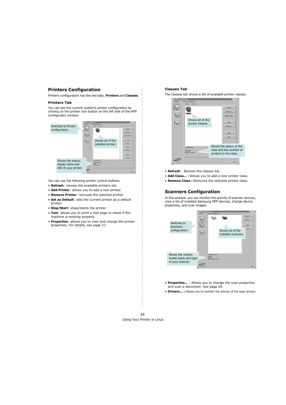 Printers configuration, Scanners configuration, Printers configuration scanners configuration | Samsung SCX-4200 User Manual | Page 80 / 92