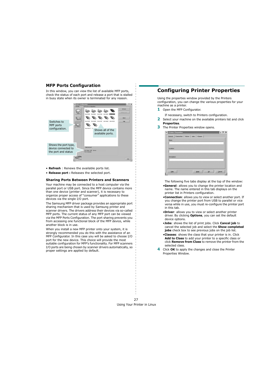 Mfp ports configuration, Configuring printer properties | Samsung SCX-4200 User Manual | Page 81 / 92