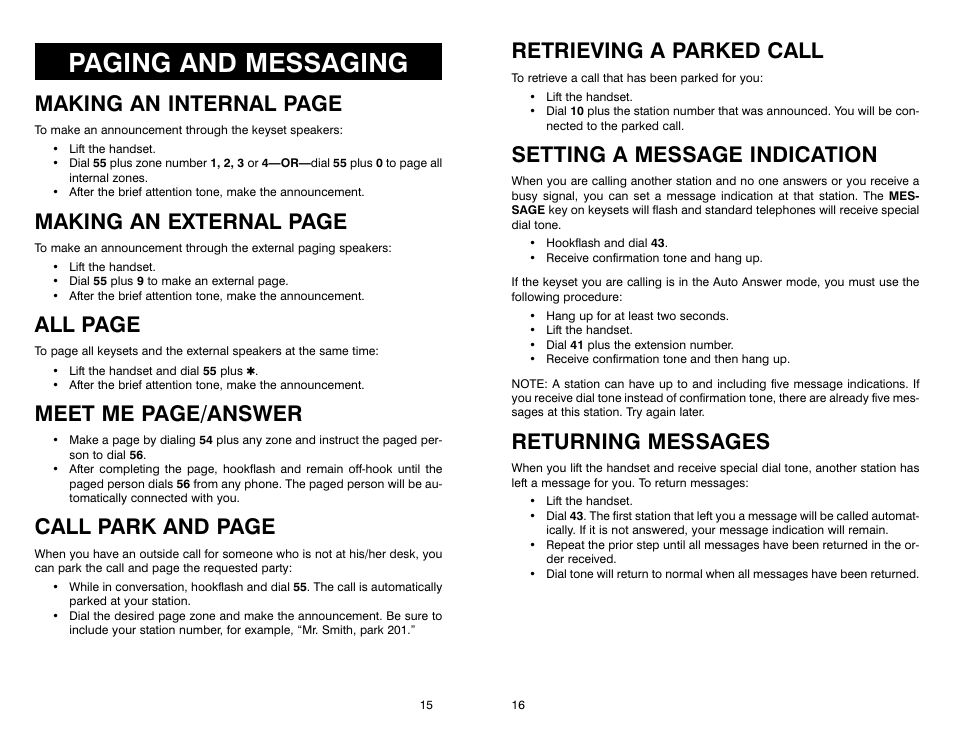 Paging and messaging, Making an internal page, Making an external page | All page, Meet me page/answer, Call park and page, Retrieving a parked call, Setting a message indication, Returning messages | Samsung iDCS 16 User Manual | Page 10 / 14