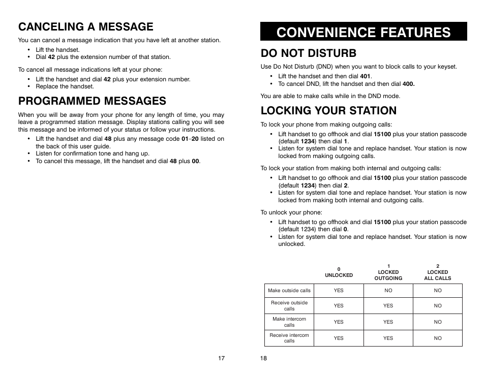 Convenience features, Canceling a message, Programmed messages | Do not disturb, Locking your station | Samsung iDCS 16 User Manual | Page 11 / 14