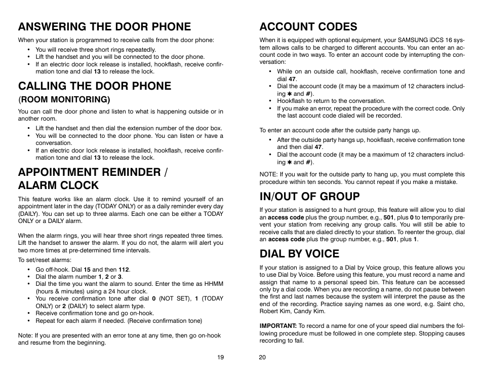 Answering the door phone, Calling the door phone, Appointment reminder / alarm clock | Account codes, In/out of group, Dial by voice | Samsung iDCS 16 User Manual | Page 12 / 14