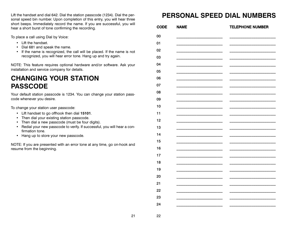 Changing your station passcode, Personal speed dial numbers | Samsung iDCS 16 User Manual | Page 13 / 14