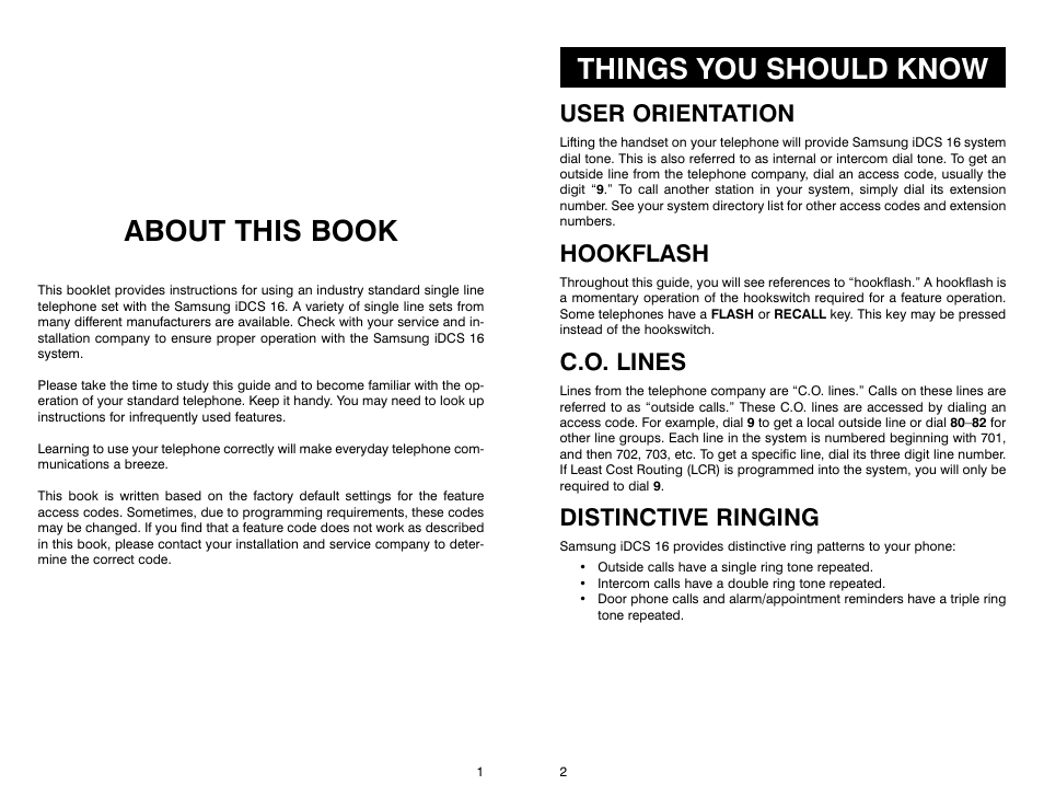 About this book, Things you should know, User orientation | Hookflash, C.o. lines, Distinctive ringing | Samsung iDCS 16 User Manual | Page 3 / 14